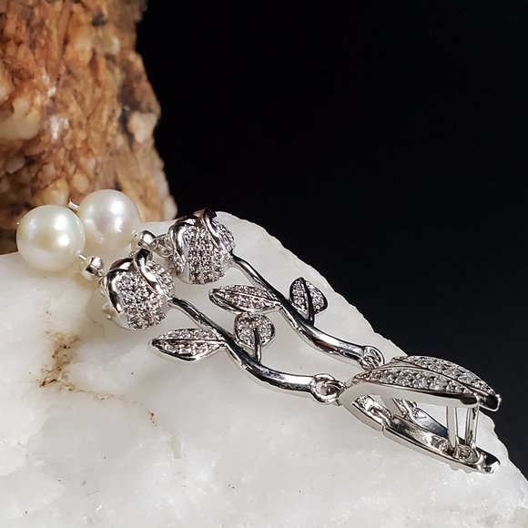 Platinum-plated Earrings White Topaz Natiral Pearl Floral Vintage Rose - Picture 7 of 7